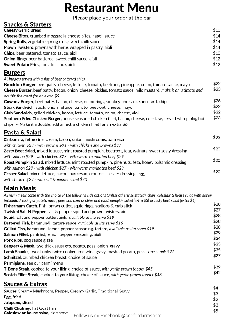 Restaurant Menu - Byford Arms Hotel, Brookton, Western Australia